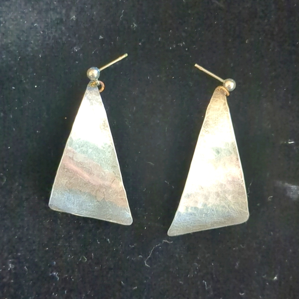 Vintage  Bold Hammered Silver Triangle Earrings 2 Inches